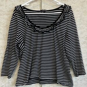 Hell Bunny Women's Striped Shirt Top Ruffled Velvet Neck Black White Stretchy